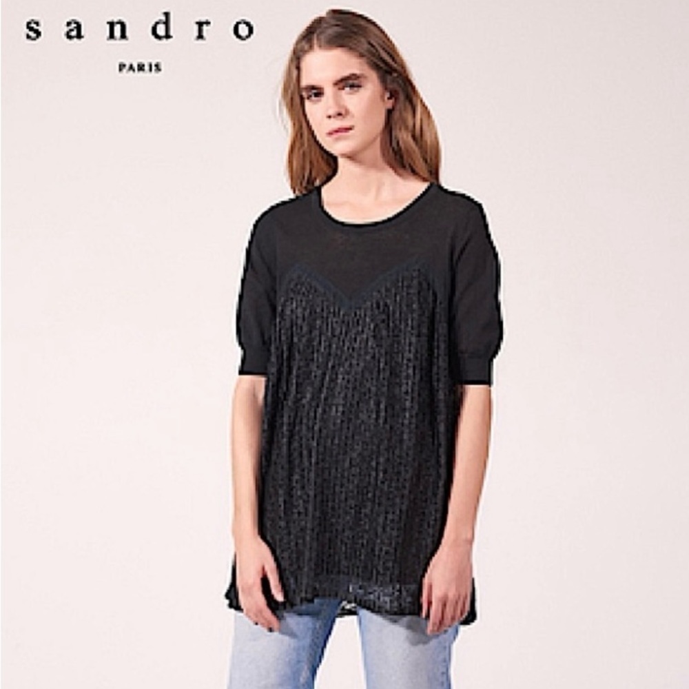 Sandro Linen Blend Lace Pleated Short Sleeve Blouse